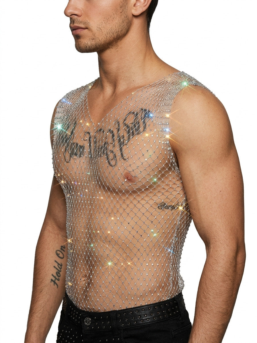Glänzende Herren Fischnetz-Weste mit funkelnden Strass-Einlagen Schwarz