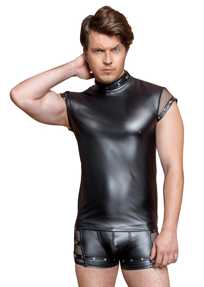 Eng anliegendes Shirt aus Mattlook-Material mit abnehmbarer Halsfessel und Riemen-Details.