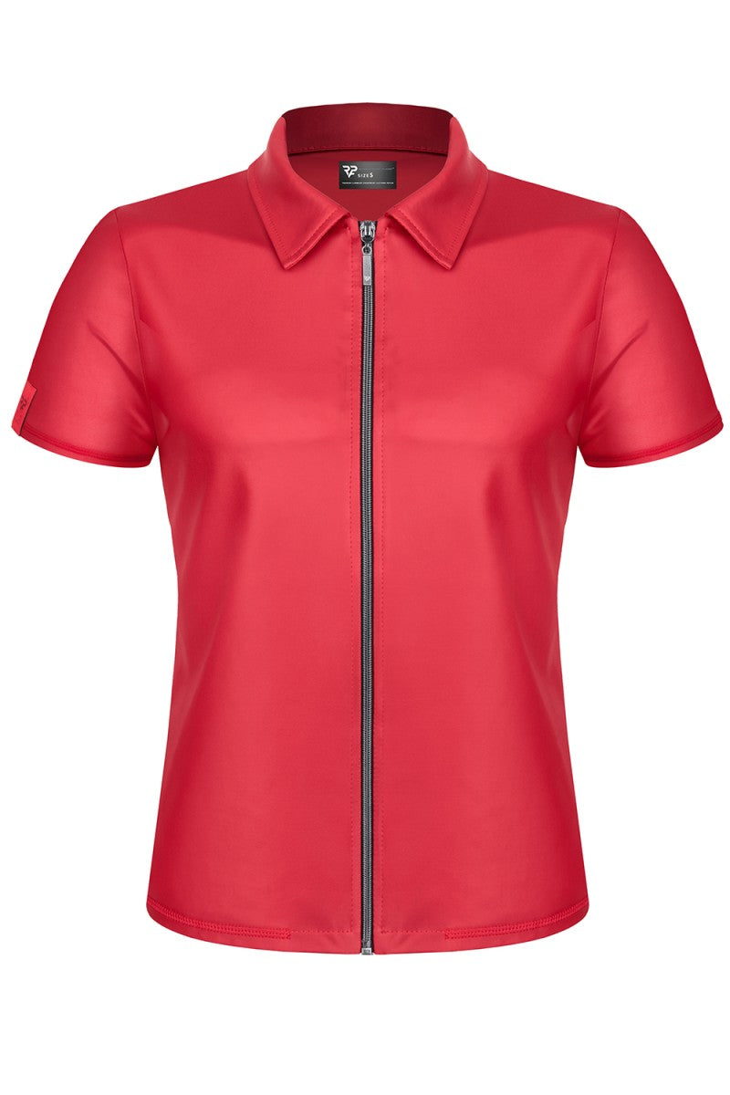 Figurbetonendes rotes Wetlook Polo-Shirt mit dekorativen Nähten