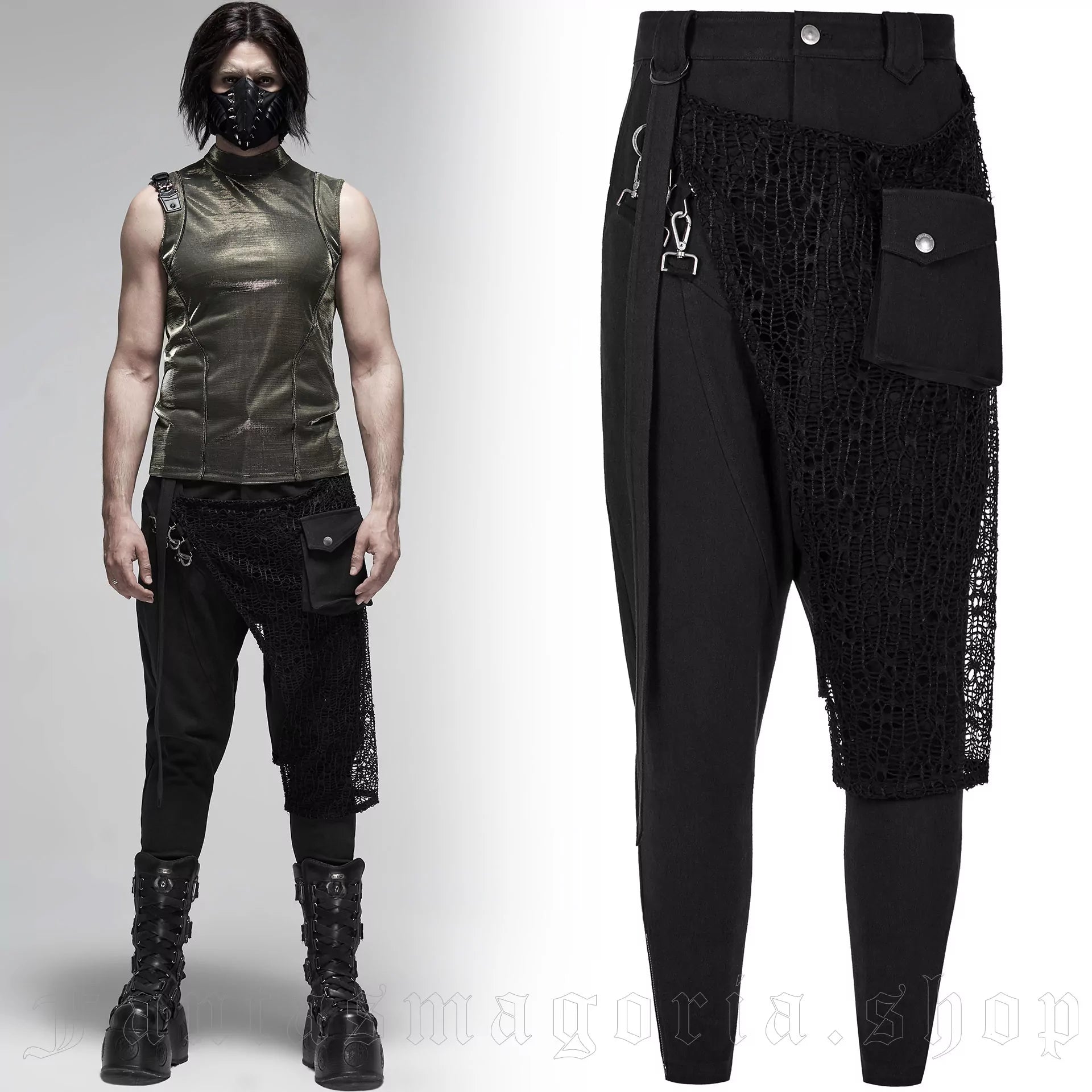 Punk Rave Herren Hose mit Metall-Schnallen & Mesh-Einsätzen – Schwarze Gothic Pants.