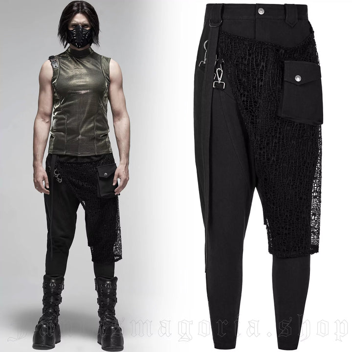 Punk Rave Herren Hose mit Metall-Schnallen & Mesh-Einsätzen – Schwarze Gothic Pants.