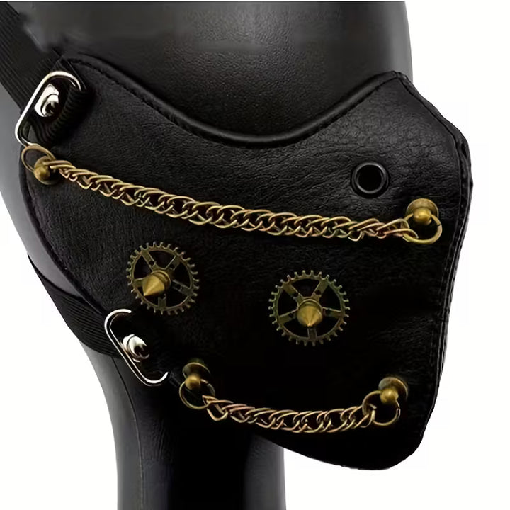Schwarze Steampunk Halbmaske mit goldenen Ketten und Spikes