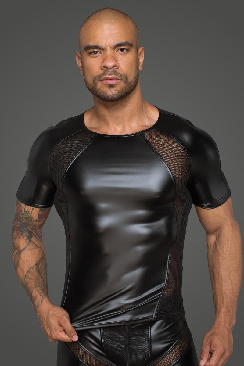 Herren Wetlook T-Shirt H056 - Enges T-Shirt aus Powerwetlook mit transparentem 3D-Netz vorne