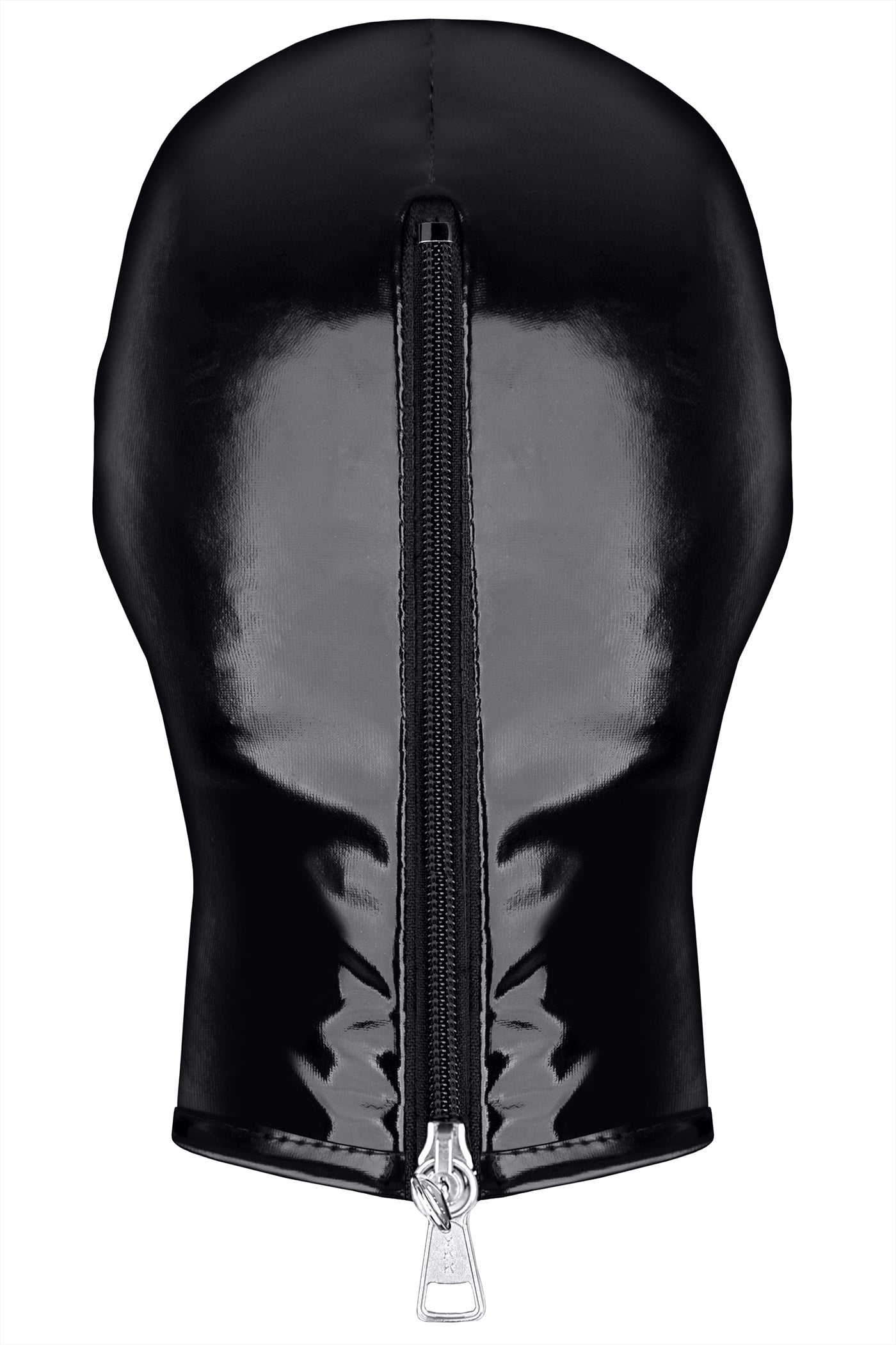 Rückseite der Demoniq Vinyl-Maske mit abschließbarem Reißverschluss und Schlüssel