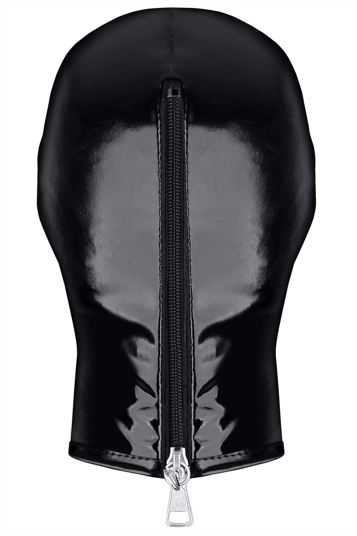 Rückseite der Demoniq Vinyl-Maske mit abschließbarem Reißverschluss und Schlüssel