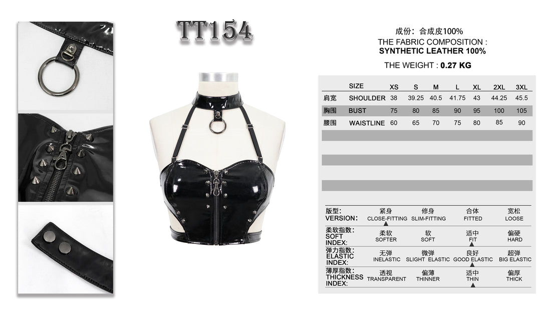 Devil Fashion – Lack-Bustier mit Stachelnieten & Halsband | Schwarzes Gothic Top