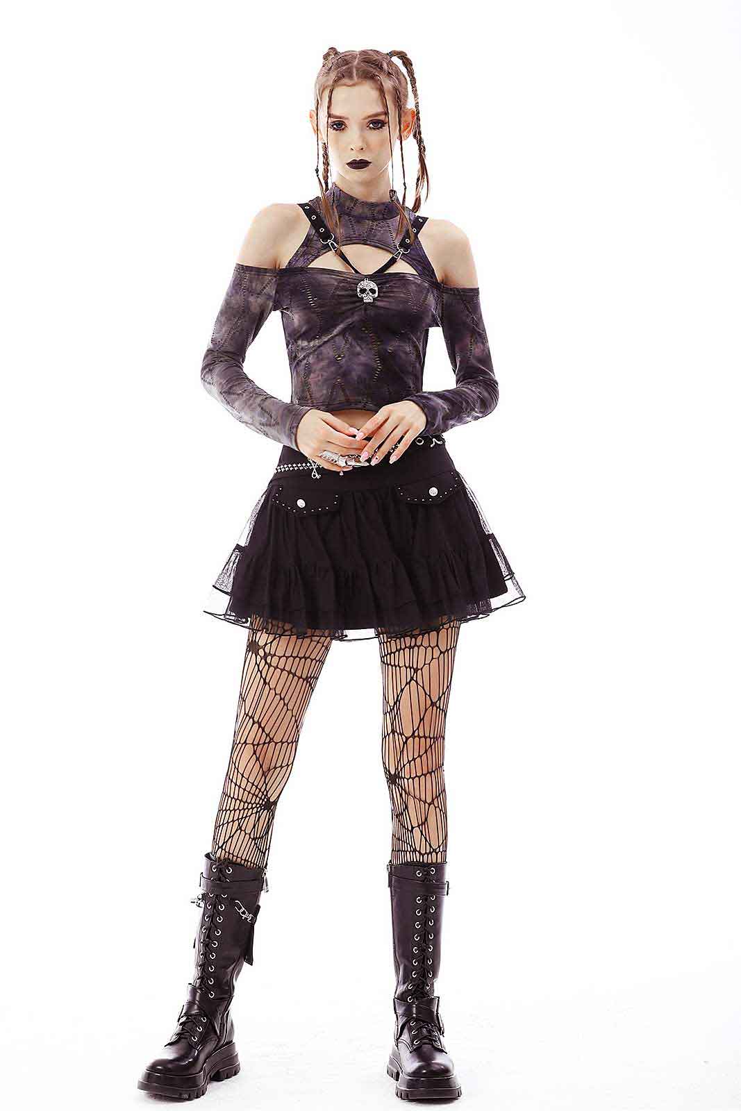 Dark In Love Greyskull Batik Langarm-Top mit Schulter-Cut-Outs & Totenkopf