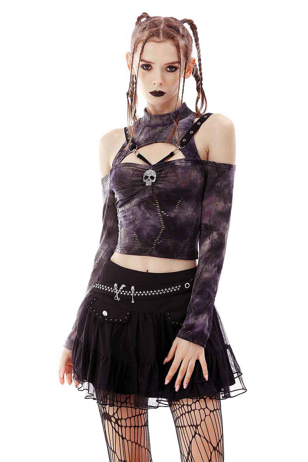 Dark In Love Greyskull Batik Langarm-Top mit Schulter-Cut-Outs & Totenkopf