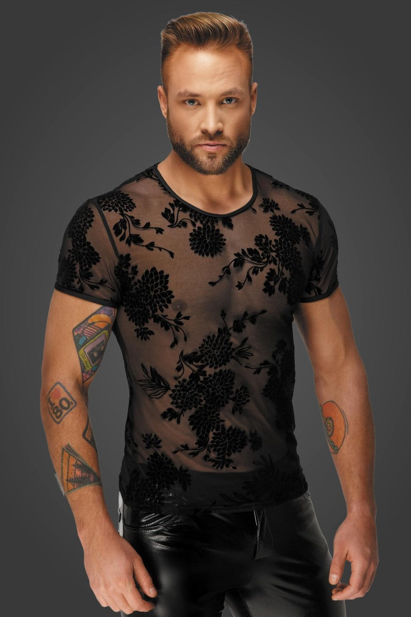 Herren-Netzshirt in Schwarz mit floralem Muster von vorne