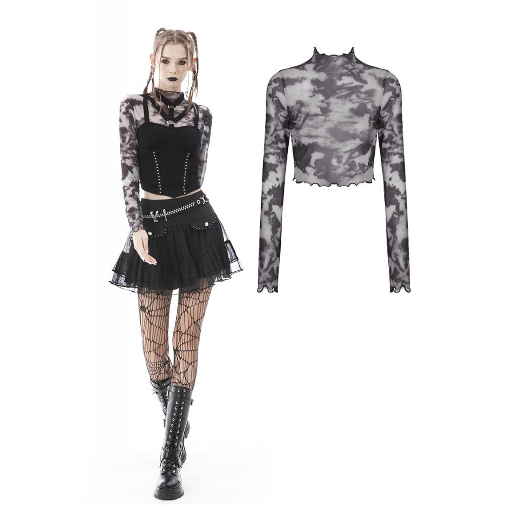 Transparentes graues Damen Mesh-Longsleeve Grey Dye von Dark In Love mit feiner Kräuselnaht am Hals und Saum im verwaschenen Batik-Design, freigestellt vor weißem Hintergrund.