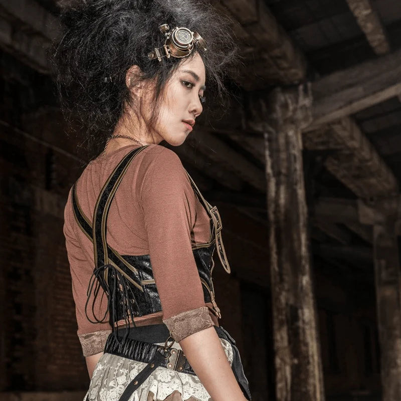 Schwarzer Steampunk Unterbrustgürtel mit verstellbarer Rückenschnürung