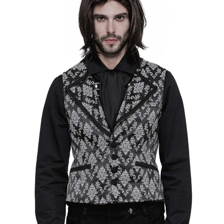 Detailaufnahme des schwarz-weißen Damastmusters der Gothic-Weste