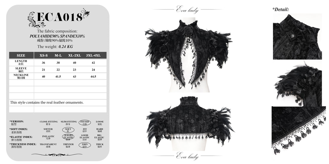 Kurzer Gothic Samt Bolero mit Federn und taillierter Passform