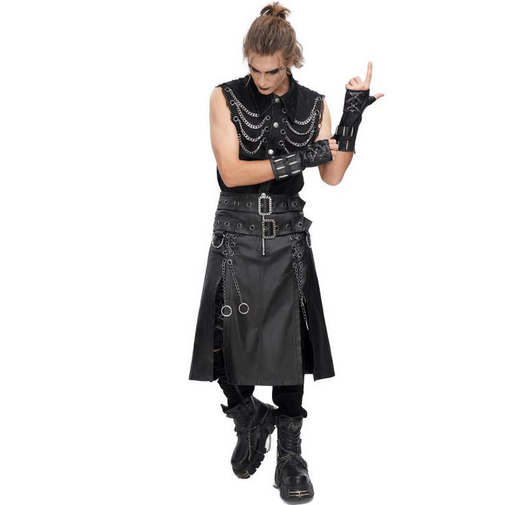 Schwarzer Punk-Herrenkilt mit Doppelgürtel und Ketten in voller Länge