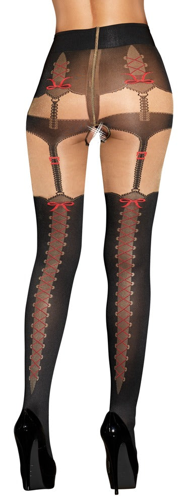 Straps-Strumpfhose mit dekorativer Schnür-Optik & ouvertem Schritt.