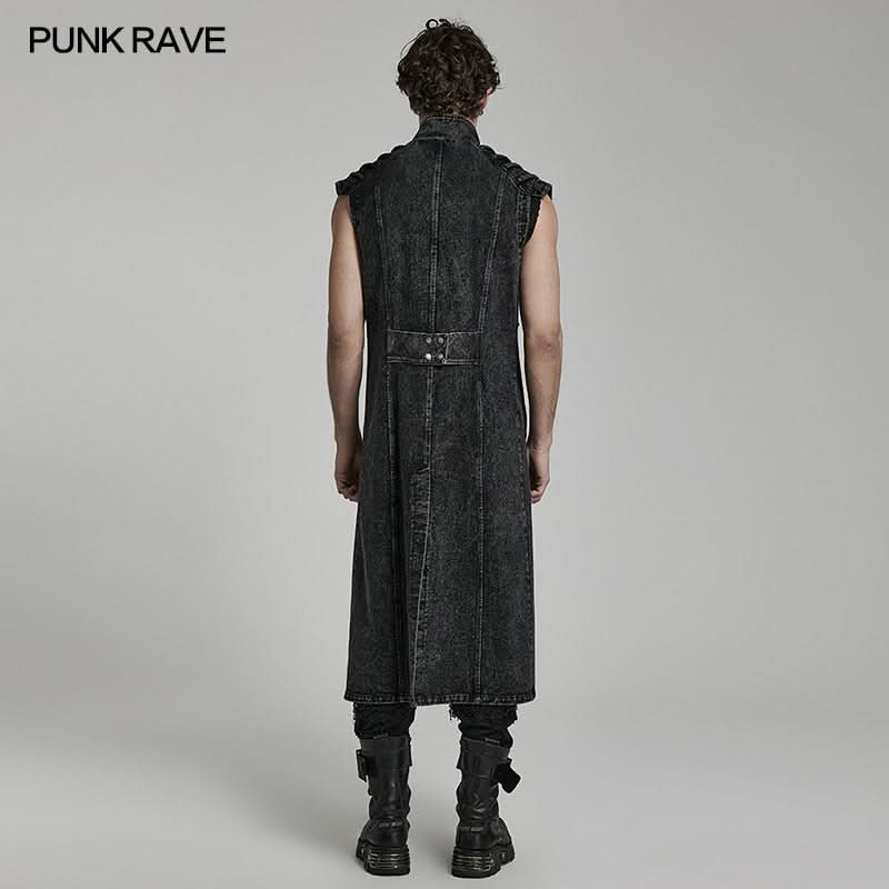 Rückenansicht der langen schwarzen Jeansweste im Used-Look