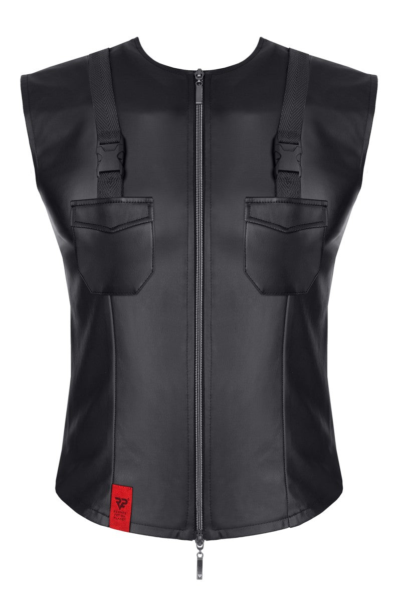 Schwarze Weste mit Zwei-Wege-Zipper und glänzendem Wetlook-Finish
