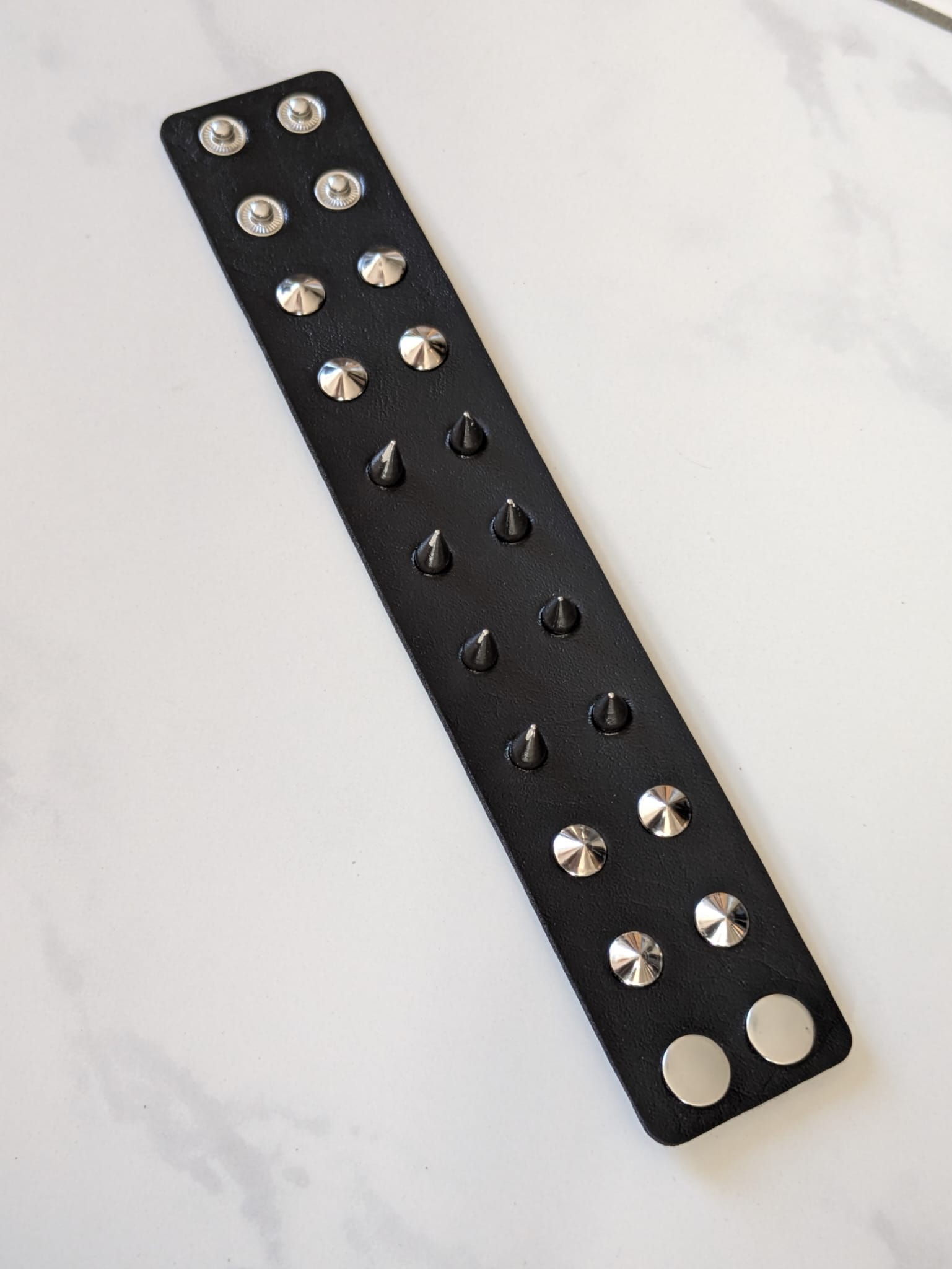 Wide faux leather bracelet with silver studs – adjustable, unisex punk accessory