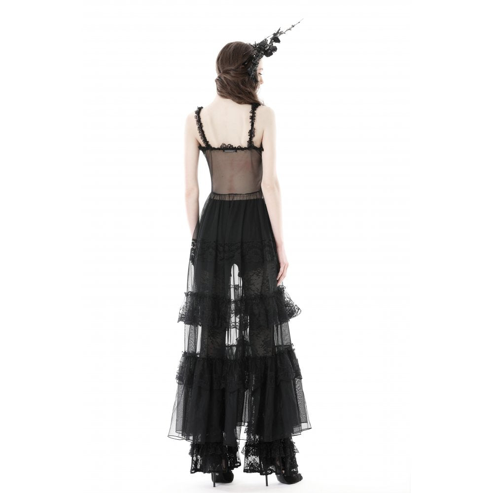 Gothic Sexy Maxi Dress aus transparentem Mesh mit Herz-Detail und Lagen aus Spitze – sinnliches Party- und Cluboutfit mit romantisch-düsterer Gothic-Note.