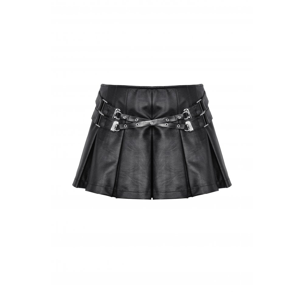 Rebel Pleats – Schwarzer Minirock aus Kunstleder mit Schnallen