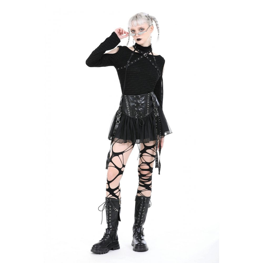 Rockiger Mini aus glänzendem PU-Leder mit Mesh-Volant, Schnürungen, Nieten und Lederstraps – sexy Club-Outfit mit edgy Design, ideal für Partylooks mit Statement Charakter. 