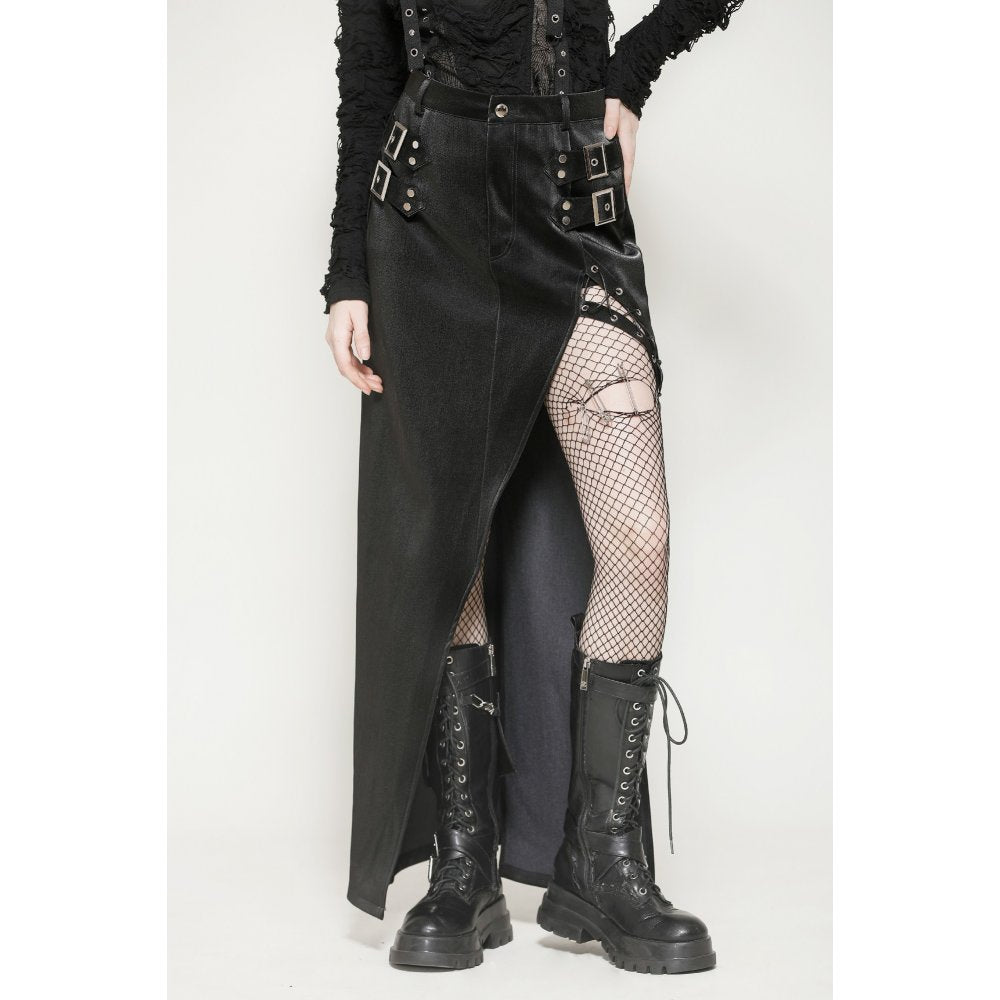 Langer Bodycon-Rock in Lederoptik mit hohem Schlitz – verführerisches Club-Outfit und elegantes Partyoutfit mit Gothic Note.