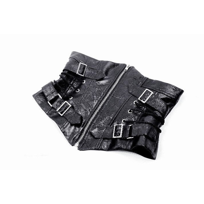 Schwarze Taillencorsage mit silbernem Reißverschluss vorne und dekorativen Schnallen und Raffung am Rücken - mySecretkey