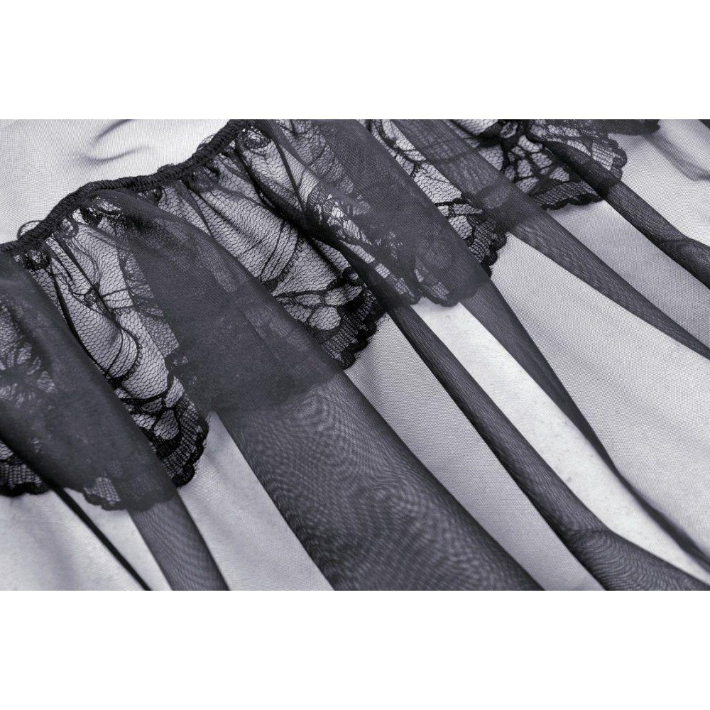 Gothic Sexy Maxi Dress aus transparentem Mesh mit Herz-Detail und Lagen aus Spitze – sinnliches Party- und Cluboutfit mit romantisch-düsterer Gothic-Note.