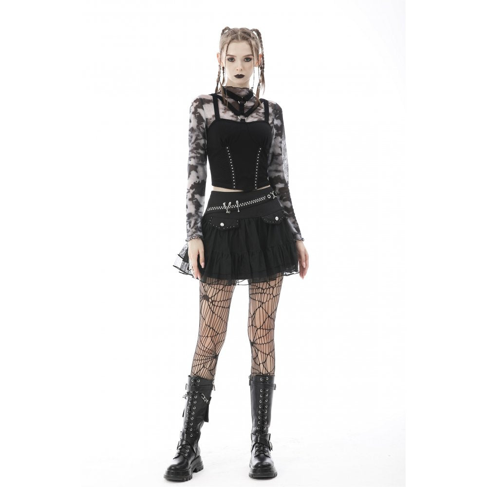 Dark In Love Transparentes Grey Dye Damen Netz-Longsleeve im Batik-Look