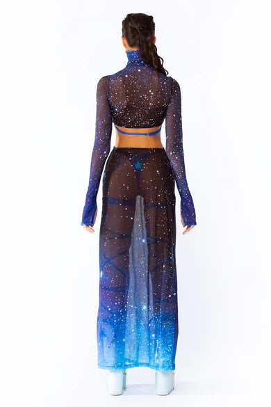 Badinka blaues Sternenhimmel Festival Kleid, kombinierbares Set mit langen Ärmeln und Body
