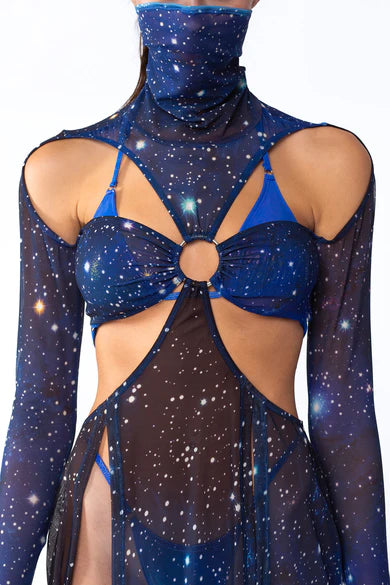 Badinka blaues Sternenhimmel Festival Kleid, kombinierbares Set mit langen Ärmeln und Body