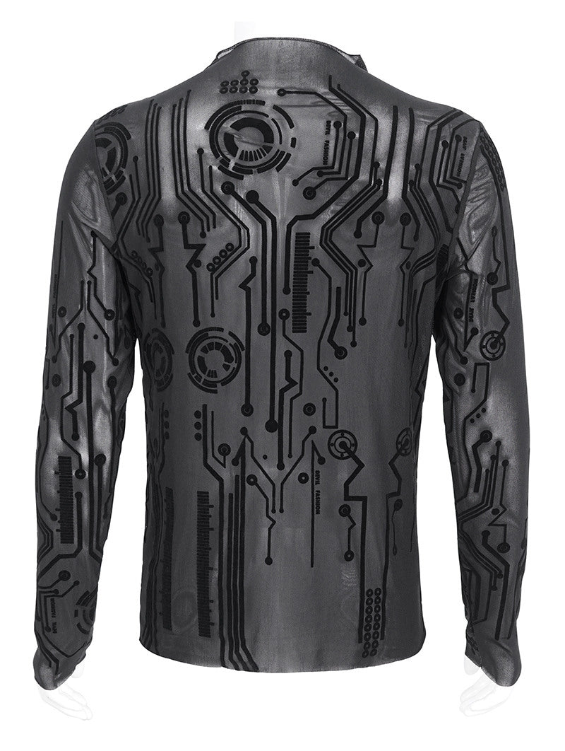 Black Gothic Cyberpunk Mesh Shirt – Herren Longsleeve mit Tech-Pattern.