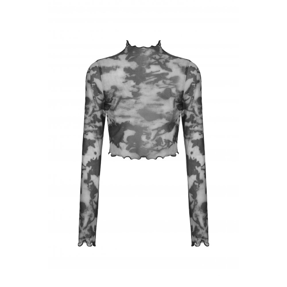 Dark In Love Transparentes Grey Dye Damen Netz-Longsleeve im Batik-Look