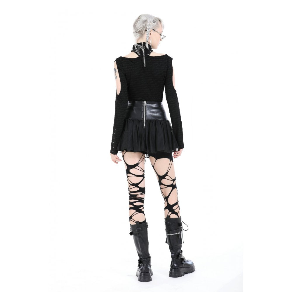 Rockiger Mini aus glänzendem PU-Leder mit Mesh-Volant, Schnürungen, Nieten und Lederstraps – sexy Club-Outfit mit edgy Design, ideal für Partylooks mit Statement Charakter. 