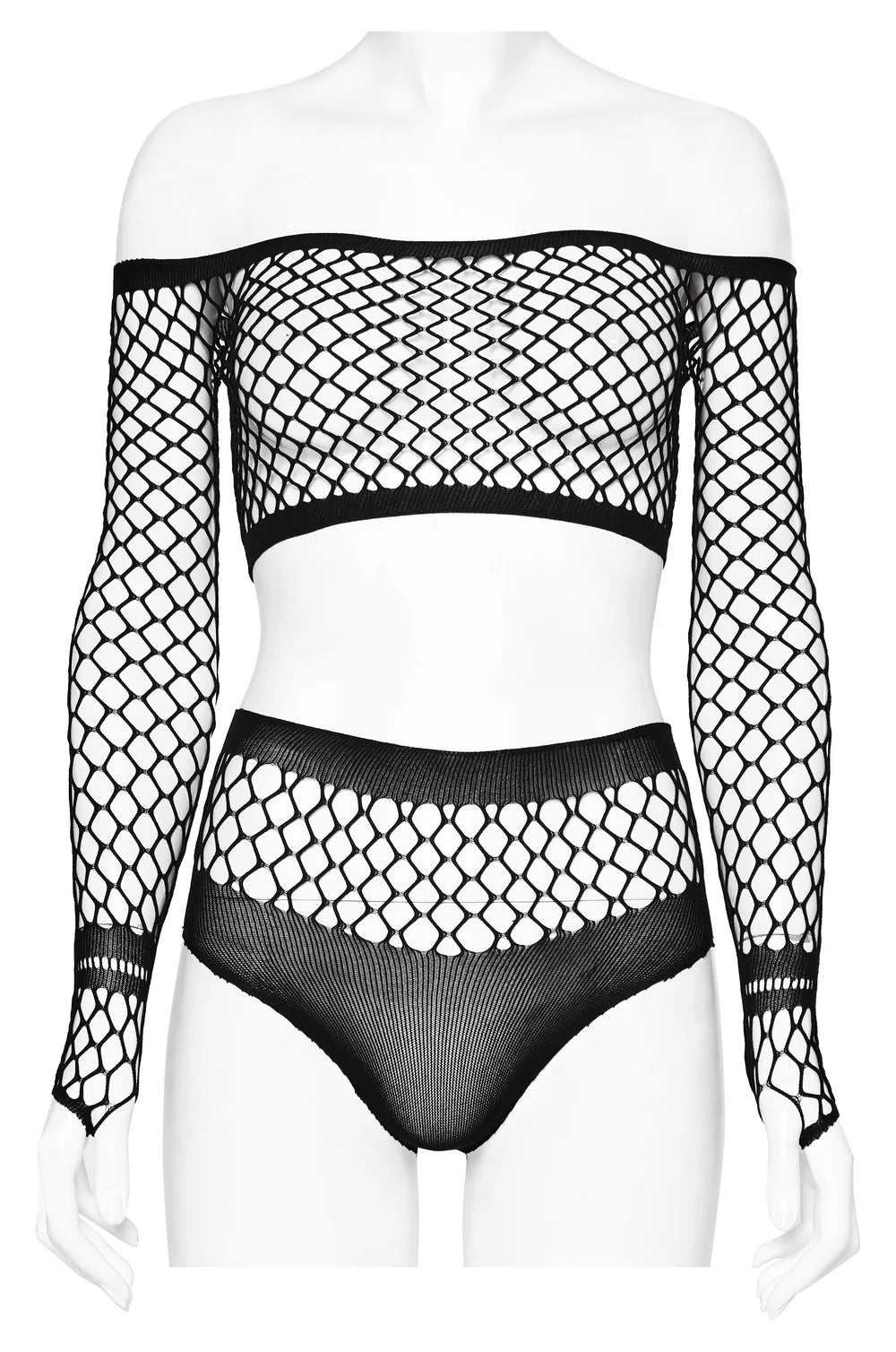 PUNK RAVE – Off-Shoulder Netz-Set (Top & Panty) Schwarz Onesize