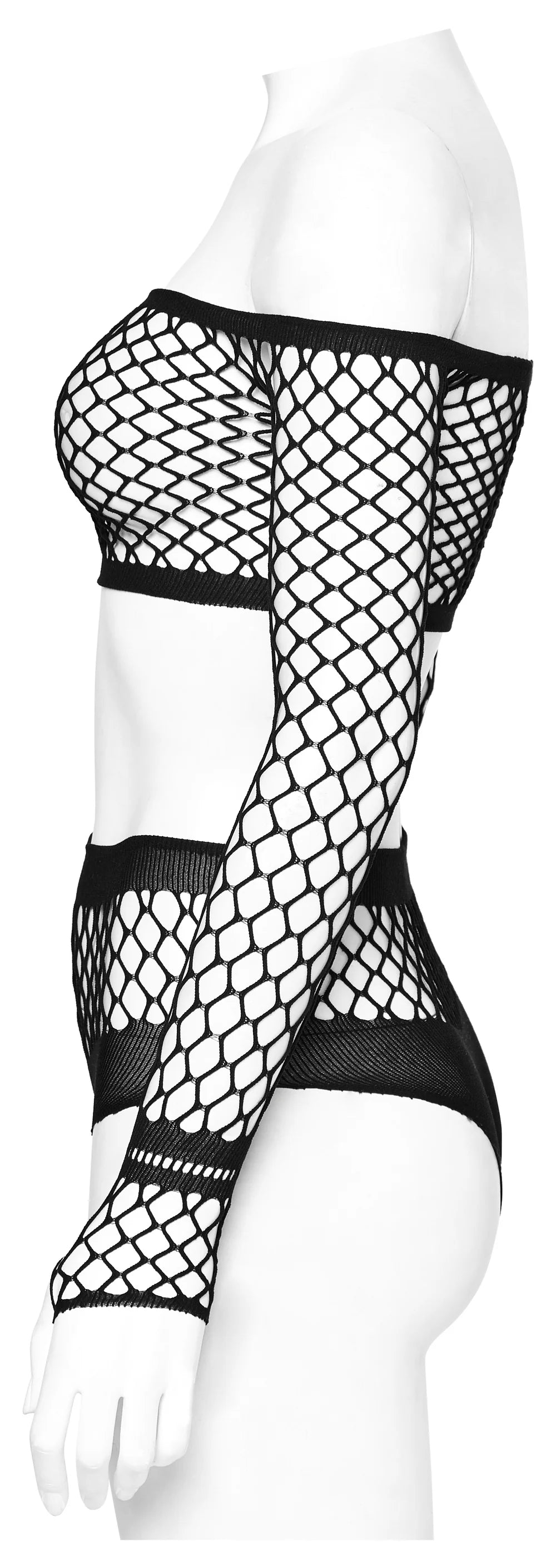 PUNK RAVE – Off-Shoulder Netz-Set (Top & Panty) Schwarz Onesize