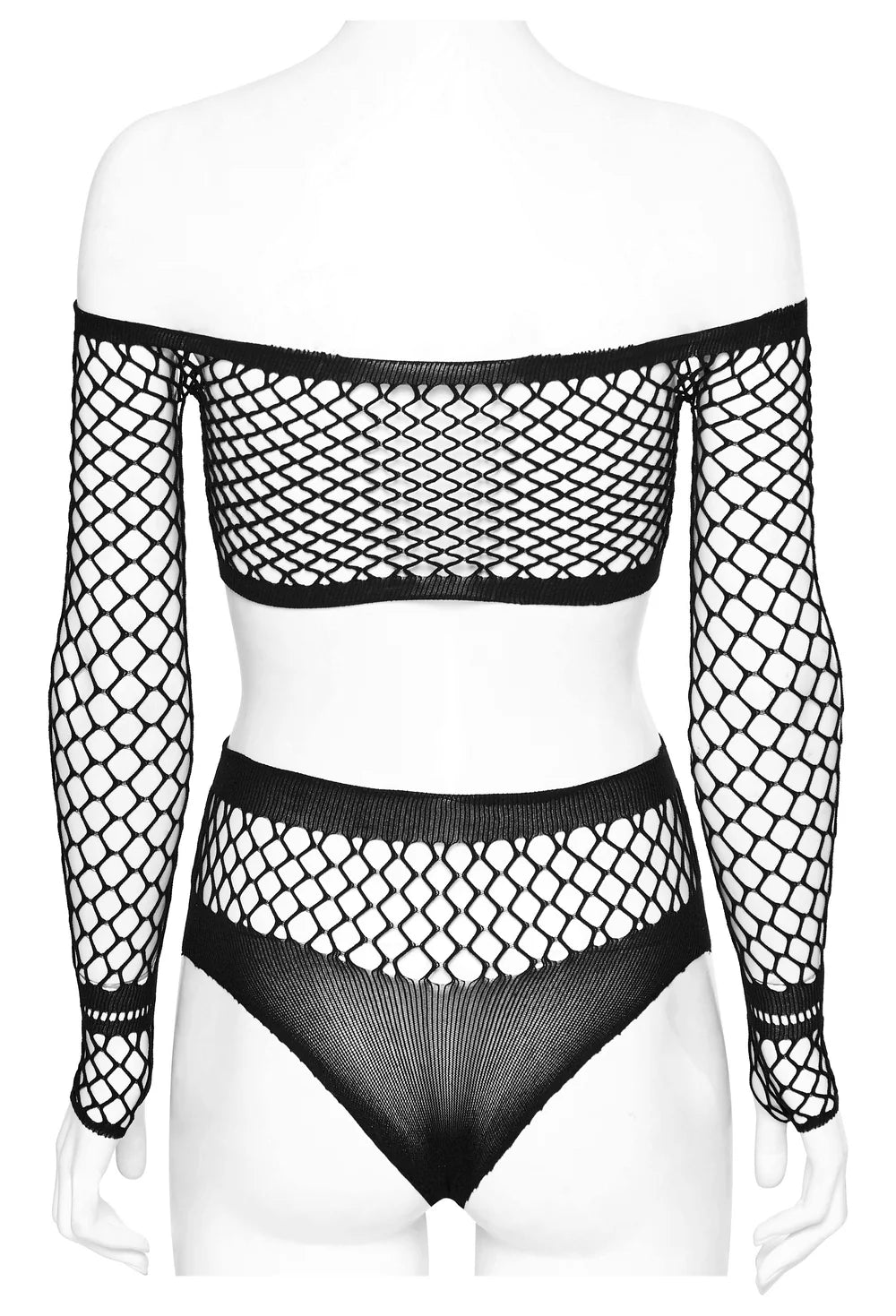 PUNK RAVE – Off-Shoulder Netz-Set (Top & Panty) Schwarz Onesize