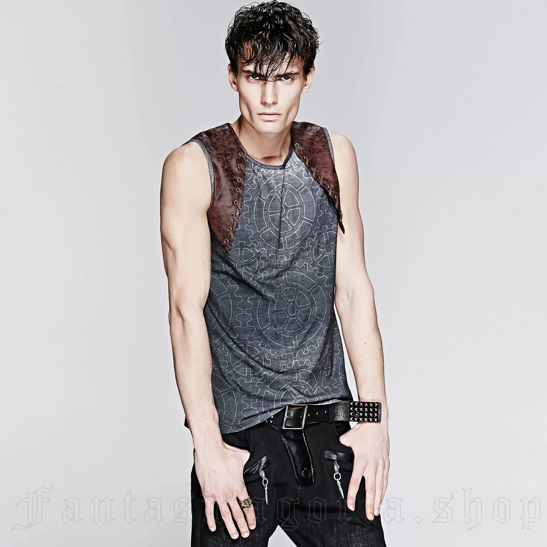 Punk Rave – Steampunk Sleeveless Top „Obsidian Mechanica“ mit Zahnrad-Print