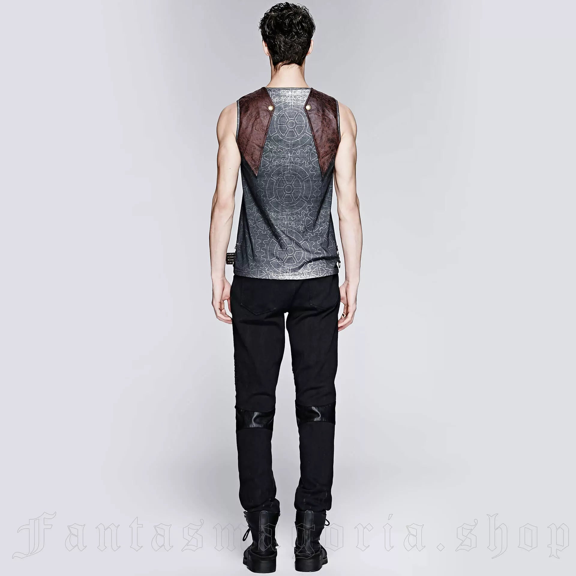 Punk Rave – Steampunk Sleeveless Top „Obsidian Mechanica“ mit Zahnrad-Print