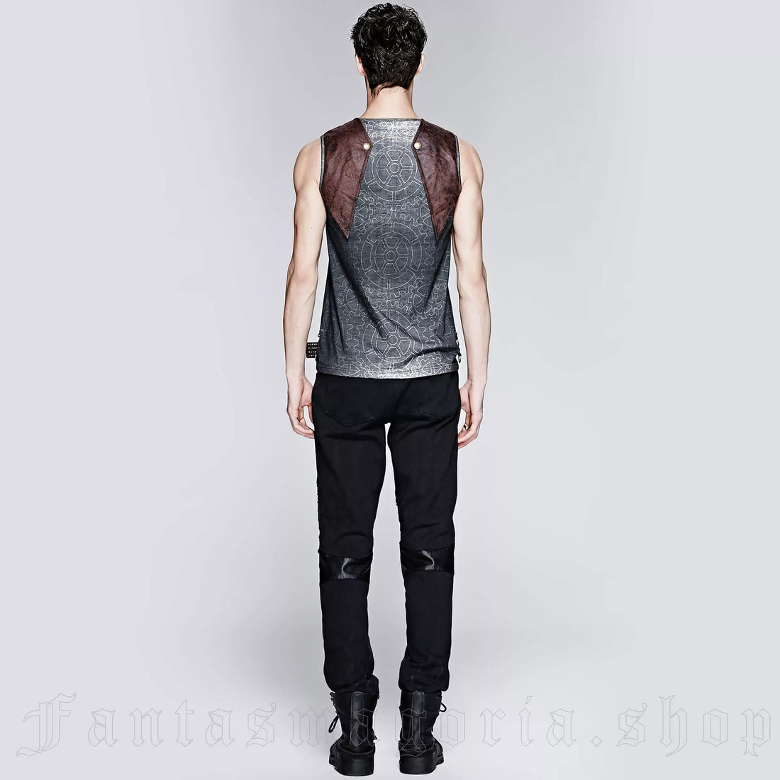 Punk Rave – Steampunk Sleeveless Top „Obsidian Mechanica“ mit Zahnrad-Print