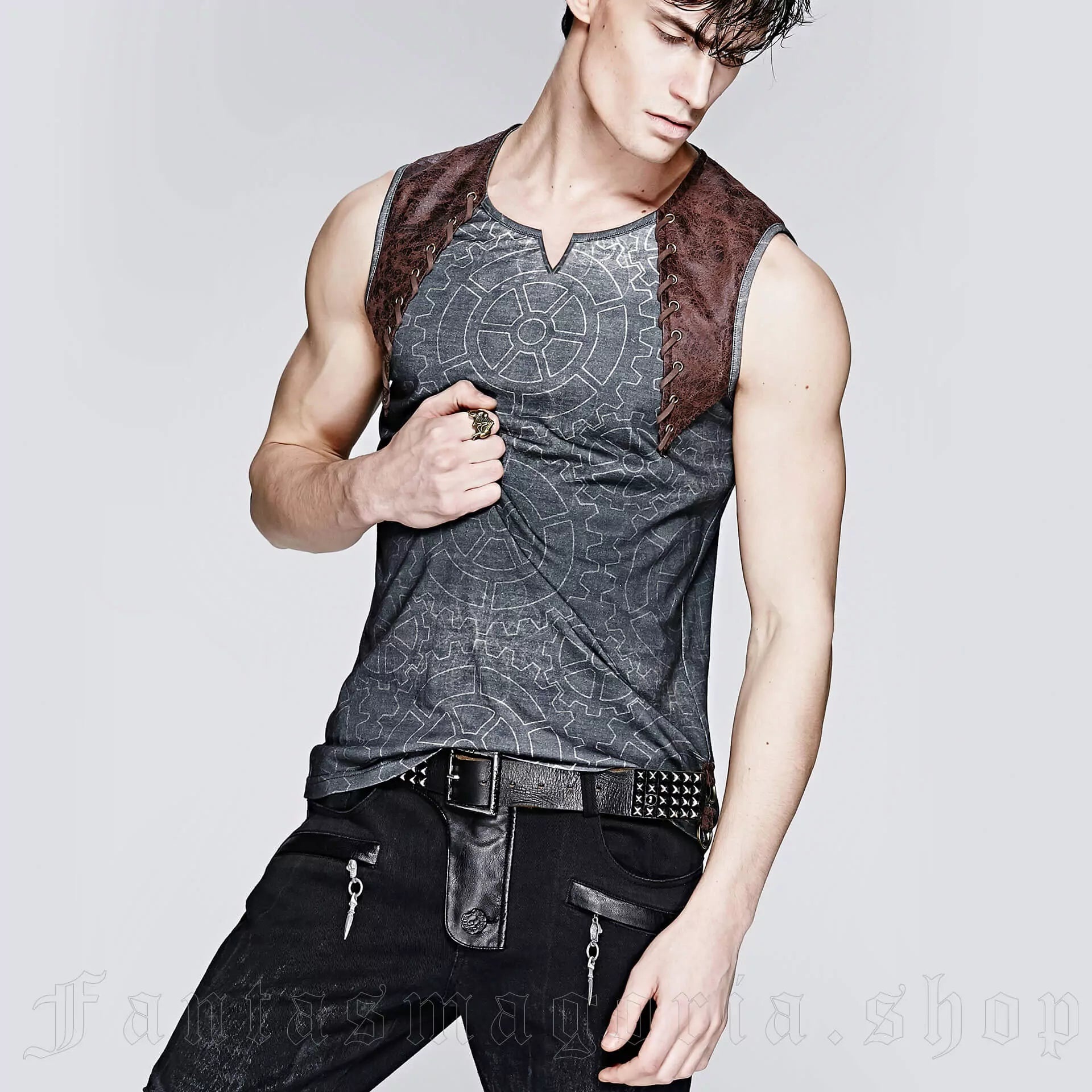 Punk Rave – Steampunk Sleeveless Top „Obsidian Mechanica“ mit Zahnrad-Print