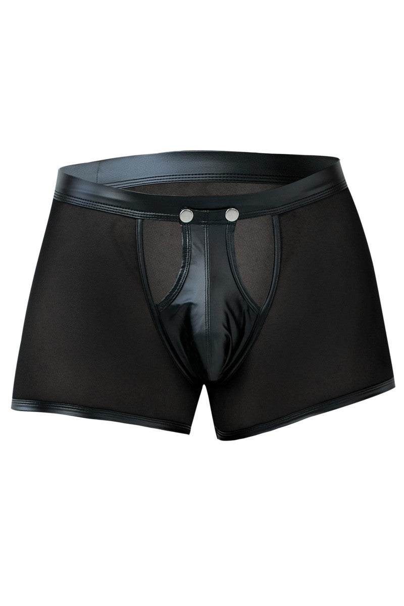Nahaufnahme des feinmaschigen, dehnbaren Netzmaterials des schwarzen Herren-Boxers.
