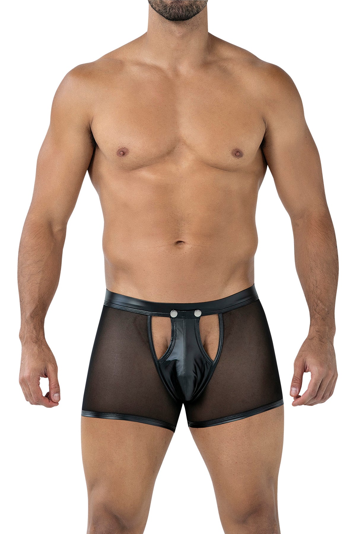 Transparenter schwarzer Netz-Boxer von CUT4MEN mit glattem Suspensorium und gummiertem Logo.