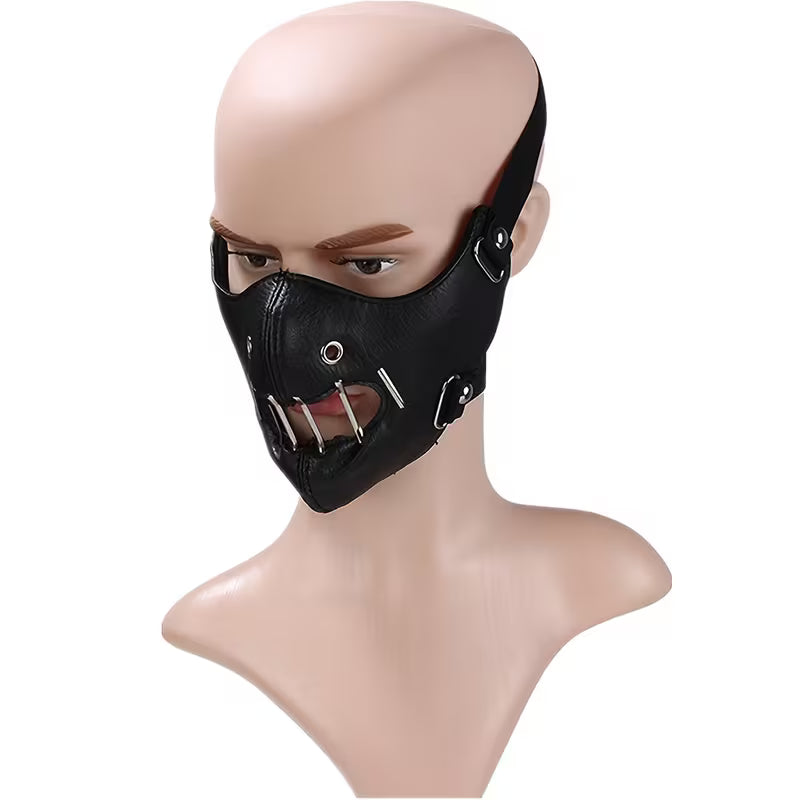 Schwarze Tactical Cyberpunk Maske in Leder-Optik Frontalansicht