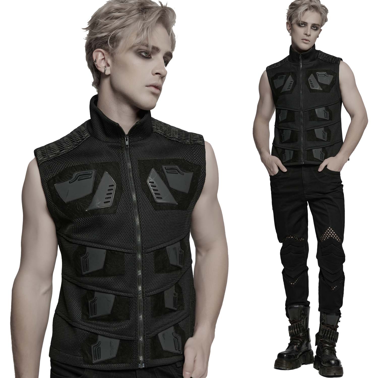 Punk Rave Cyberpunk Weste – Mesh & Kunstleder mit Protektoren | Futuristischer Kinky Military Style.