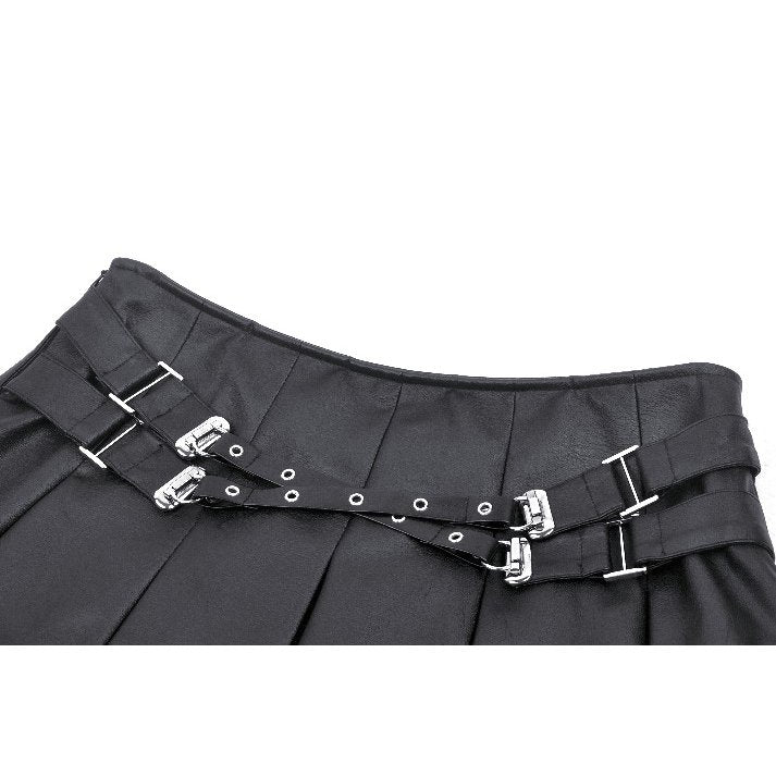 Rebel Pleats – Schwarzer Minirock aus Kunstleder mit Schnallen