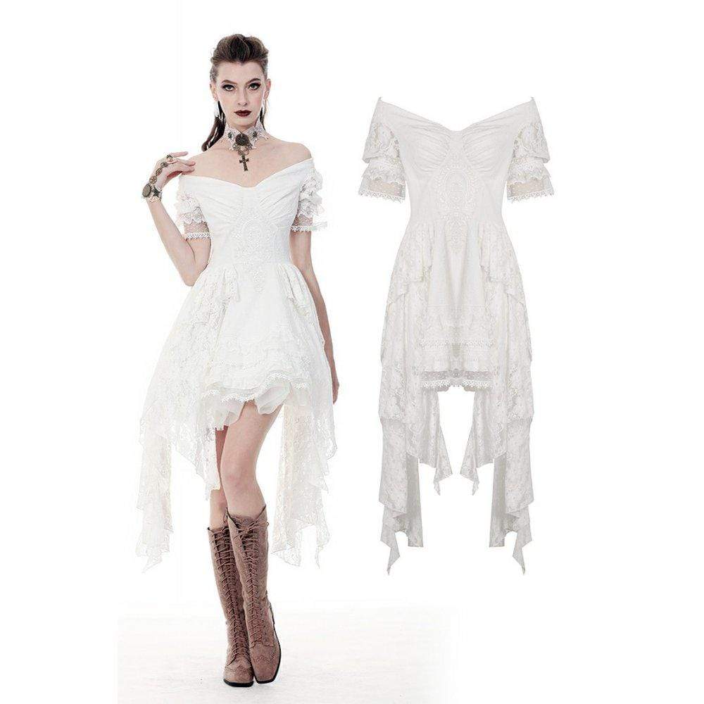 Weißes Gothic Lace Dress – Verführerisches Off-Shoulder Kleid mit dramatischem Schleppeffekt