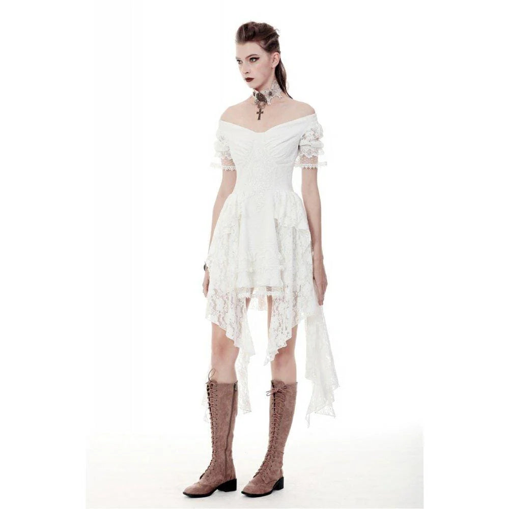 Weißes Gothic Lace Dress – Verführerisches Off-Shoulder Kleid mit dramatischem Schleppeffekt