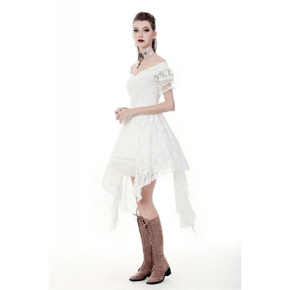 Weißes Gothic Lace Dress – Verführerisches Off-Shoulder Kleid mit dramatischem Schleppeffekt