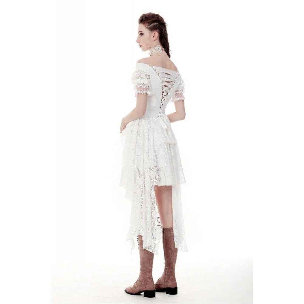 Weißes Gothic Lace Dress – Verführerisches Off-Shoulder Kleid mit dramatischem Schleppeffekt